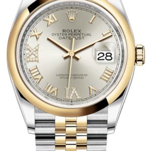 Rolex Datejust 36 Steel & Yellow Gold Silver Pave Roman Dial Men’s Watch M126203-0031 36mm