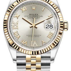 Rolex Datejust 36 Steel & Yellow Gold Silver Pave Roman Dial Women’s Watch M126233-0031 36mm