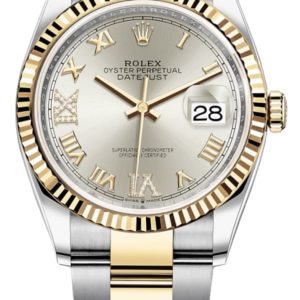 Rolex Datejust 36 Steel & Yellow Gold Silver Pave Roman Dial Women’s Watch M126233-0032 36mm