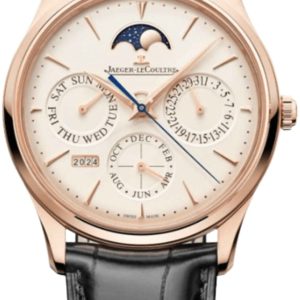 Jaeger LeCoultre Master Ultra Thin Perpetual Calendar Automatic Beige Dial 18K Rose Gold Black Leather Strap Men’s Watch Q1142510 39mm