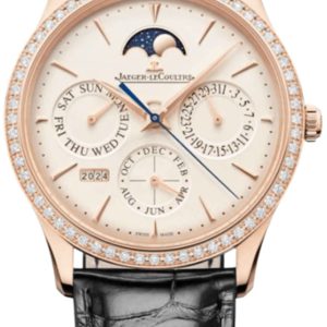 Jaeger LeCoultre Master Ultra Thin Perpetual Calendar Automatic Beige Dial 18K Rose Gold Diamond Bezel Black Leather Strap Men’s Watch Q1142501 39mm
