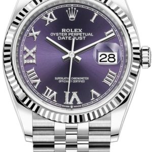 Rolex Datejust 36 Steel & White Gold Aubergine Diamond Pave Roman Dial Women’s Watch M126234-0021 36mm