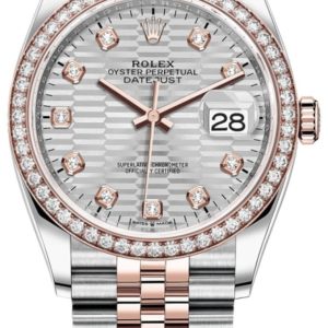 Rolex Datejust 36 Steel & Everose Gold Silver Fluted-Motif Diamond Dial Diamond Bezel Women’s Watch M126281RBR-0027 36mm
