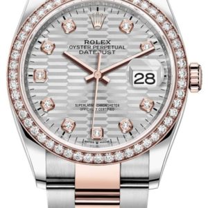 Rolex Datejust 36 Steel & Everose Gold Silver Fluted-Motif Diamond Dial Diamond Bezel Women’s Watch M126281RBR-0028 36mm