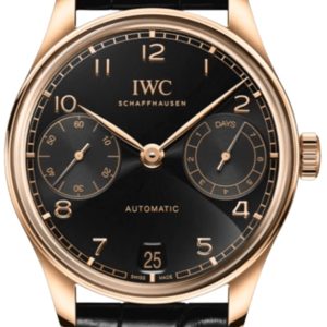 IWC Portugieser Automatic 7 Day Power Reserve Black Dial 18K Rose Gold Black Leather Strap Men’s Watch IW501707 42.4mm