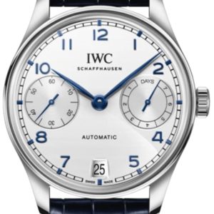 IWC Portugieser Automatic 7 Day Power Reserve Silver Dial Blue Leather Strap Men’s Watch IW501702 42.4mm
