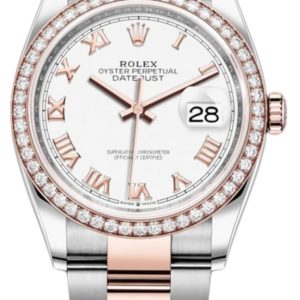 Rolex Datejust 36 Steel & Everose Gold White Roman Dial Diamond Bezel Women’s Watch M126281RBR-0004 36mm