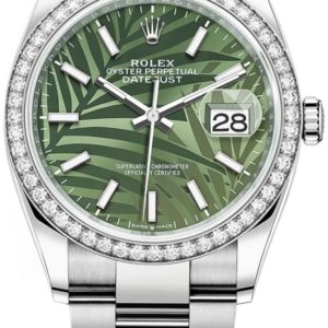 Rolex Datejust 36 White Gold & Diamonds Olive Green Palm-Motif Dial Women’s Watch M126284RBR-0040 36mm