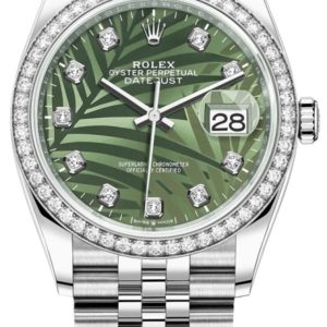 Rolex Datejust 36 White Gold & Diamonds Olive Green Palm-Motif Diamond Dial Women’s Watch M126284RBR-0047 36mm