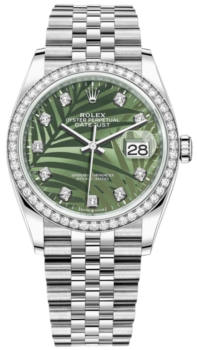 Rolex Datejust 36 White Gold & Diamonds Olive Green Palm-Motif Diamond Dial Women’s Watch M126284RBR-0047 36mm