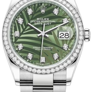 Rolex Datejust 36 White Gold & Diamonds Olive Green Palm-Motif Diamond Dial Women’s Watch M126284RBR-0048 36mm
