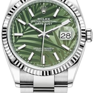 Rolex Datejust 36 Steel & White Gold Olive Green Palm-Motif Dial Women’s Watch M126234-0048 36mm