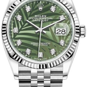 Rolex Datejust 36 Steel & White Gold Olive Green Palm-Motif Diamond Dial Women’s Watch M126234-0055 36mm