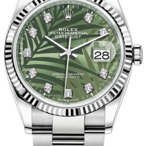 Rolex Datejust 36 Steel & White Gold Olive Green Palm-Motif Diamond Dial Women’s Watch M126234-0056 36mm
