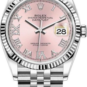 Rolex Datejust 36 Steel & White Gold Pink Diamond Pave Roman Dial Women’s Watch M126234-0031 36mm
