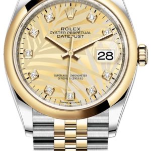Rolex Datejust 36 Steel & Yellow Gold Golden Palm-Motif Diamond Dial Women’s Watch M126203-0043 36mm