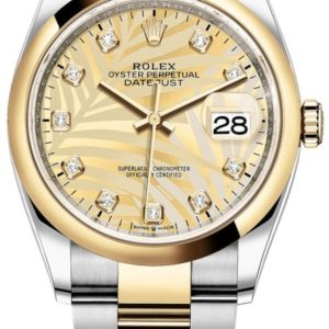Rolex Datejust 36 Steel & Yellow Gold Golden Palm-Motif Diamond Dial Women’s Watch M126203-0044 36mm