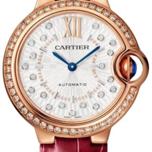 Cartier Ballon Bleu de Cartier Automatic Silver Dial Diamond Bezel 18K Rose Gold Burgundy Leather Strap Women’s Watch WJBB0080 33mm