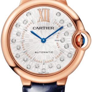 Cartier Ballon Bleu de Cartier Automatic Silver Diamond Dial 18K Rose Gold Blue Leather Strap Women’s Watch WGBB0053 36mm