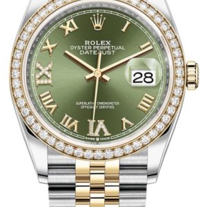 Rolex Datejust 36 Yellow Gold & Diamonds Olive Green Diamond Pave Roman Dial Women’s Watch M126283RBR-0011 36mm