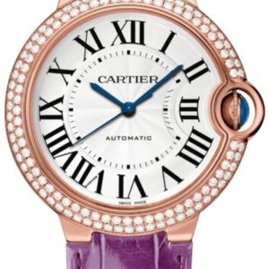 Cartier Ballon Bleu de Cartier Medium Automatic Silver Dial Diamond Bezel 18K Rose Gold Purple Leather Strap Women’s Watch WJBB0050 36mm