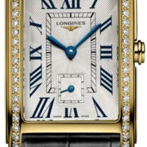 Longines DolceVita Quartz Silver Dial 18K Yellow Gold Diamond Bezel Leather Strap Women’s Watch L5.512.7.71.0 37mm