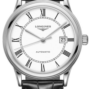 Longines Flagship Automatic White Dial Black Leather Strap Unisex Watch L4.984.4.21.2 40mm