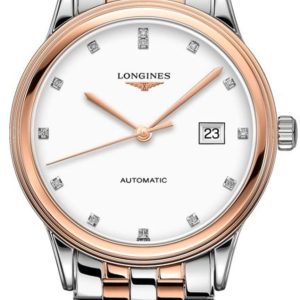 Longines Flagship Automatic White Diamond Dial Rose Gold Plated and Stainless Steel Unisex Watch L4.984.3.99.7 40mm