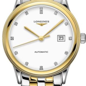Longines Flagship Automatic White Diamond Dial Yellow Gold Plated and Stainless Steel Unisex Watch L4.984.3.27.7 40mm