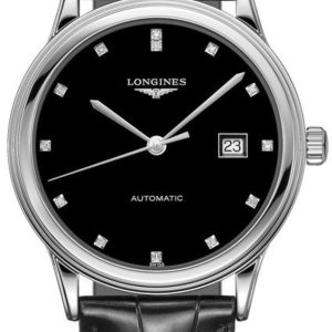 Longines Flagship Automatic Black Diamond Dial Black Leather Strap Unisex Watch L4.984.4.57.2 40mm