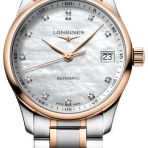 Longines Master Collection Automatic 34mm White Mother of Pearl Diamond Dial 18K Rose Gold Bezel Women’s Watch L2.357.5.89.7 34mm