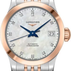 Longines Record Mother of Pearl Dial Diamond Stainless Steel and Rose Gold Women’s Watch L2.320.5.87.7 26mm