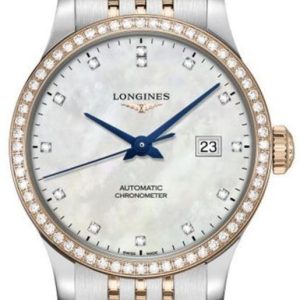 Longines Record Mother of Pearl Dial Diamond Stainless Steel and Rose Gold Women’s Watch L2.321.5.89.7 30mm