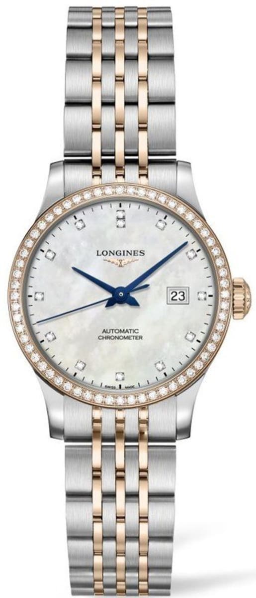 Longines Record Mother of Pearl Dial Diamond Stainless Steel and Rose Gold Women’s Watch L2.321.5.89.7 30mm