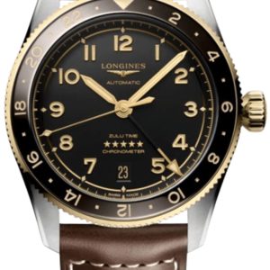 Longines Spirit Zulu Time Automatic GMT Black Dial 18K Yellow Gold Bezel Leather Strap Men’s Watch L3.802.5.53.2 39mm