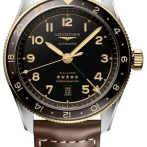 Longines Spirit Zulu Time Automatic GMT Black Dial 18K Yellow Gold Bezel Brown Leather Strap Men’s Watch L3.812.5.53.2 42mm