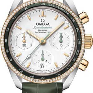 Omega Speedmaster Co-Axial Chronograph 38mm Diamond Steel And Yellow Gold Green Leather Unisex Watch 324.28.38.50.02.001 38mm