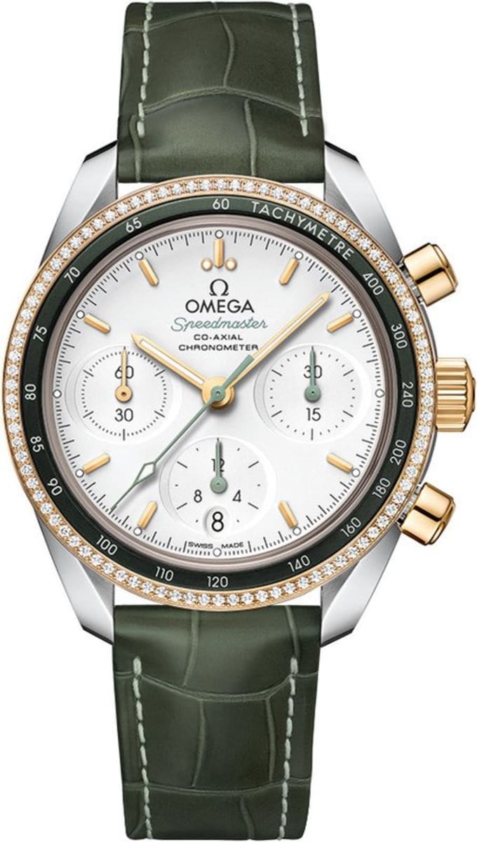 Omega Speedmaster Co-Axial Chronograph 38mm Diamond Steel And Yellow Gold Green Leather Unisex Watch 324.28.38.50.02.001 38mm