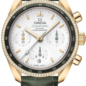 Omega Speedmaster Co-Axial Chronometer Chronograph 38mm Silver Dial Diamond Yellow Gold Leather Strap Women’s Watch 324.68.38.50.02.004 38mm