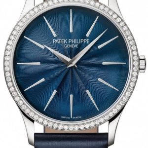 Patek Philippe Calatrava Blue Dial Diamond Leather Strap Women’s Watch 4997/200G-001 33mm
