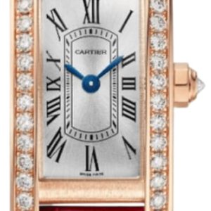 Cartier Tank Americaine Mini Quartz Silver Dial Diamond 18K Rose Gold Red Leather Strap Women’s Watch WJTA0041 28mm