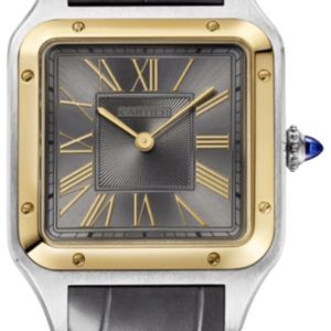 Cartier Santos Dumont Large Quartz Grey Dial 18K Yellow Gold Bezel Leather Strap Men’s Watch W2SA0028 43.5mm