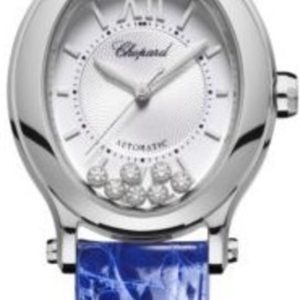 Chopard Happy Sport Oval 7 Floating Diamonds Silver Dial Blue Leather Strap Women’s Watch 278602-3001 31mm