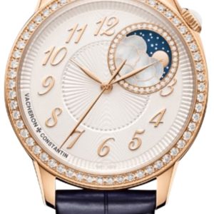Vacheron Constantin Egerie Moon Phase Automatic White Dial 18K Rose Gold Diamond Bezel Blue Leather Strap Women’s Watch 8005F/000R-B498 37mm