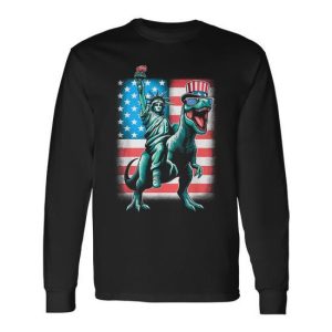 Dino Statue Of Liberty 4Th Of July Boys American Flag Long Sleeve T-Shirt