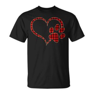 Red Plaid Dog Paw Print Heart Buffalo Matching Pajamas T-Shirt