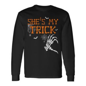 She’s Is My Trick He’s Is My Treat Halloween Couple Skeleton Long Sleeve T-Shirt